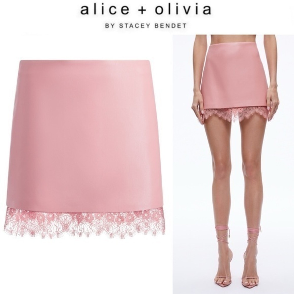 Alice + Olivia RUBI VEGAN LEATHER LACE TRIM MINI SKIRT Pink Rose sz 6 NWT 295$